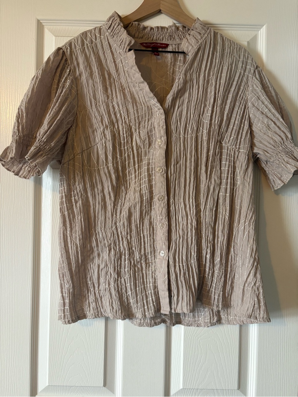 Crinkle Embroidered Short Sleeve Button Up Blouse